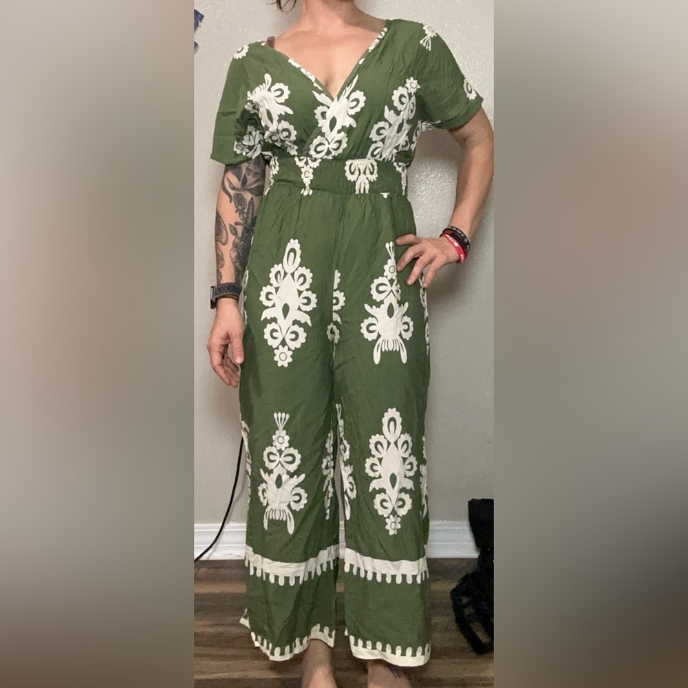 SHEIN Olive and Cream Wide Leg Romper